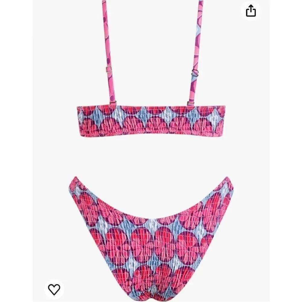 VOLAFA Women's Triangle Bikini Set Smocked Textured Scoop Frilled Print